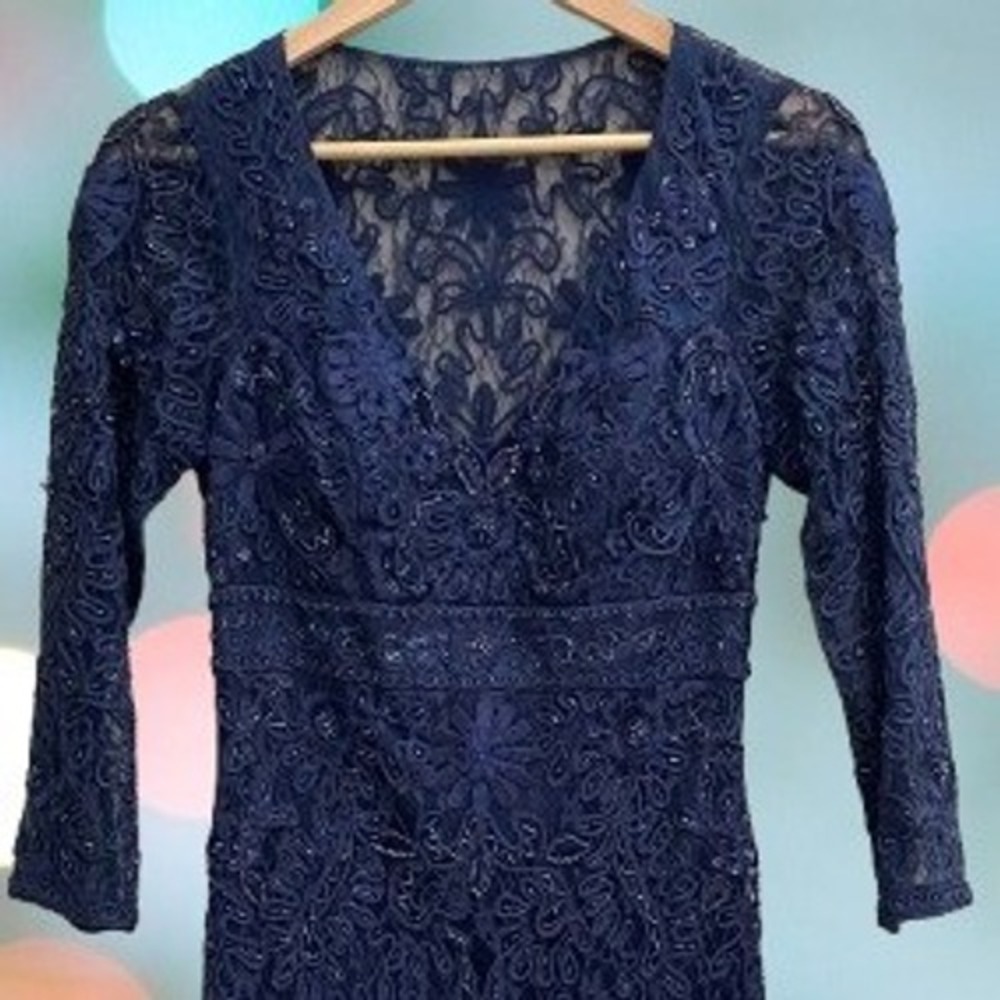 Sue Wong Nocturne‎ Navy Blue Beaded Lace Dress V-Neck 3/4 Sleeve Size 4